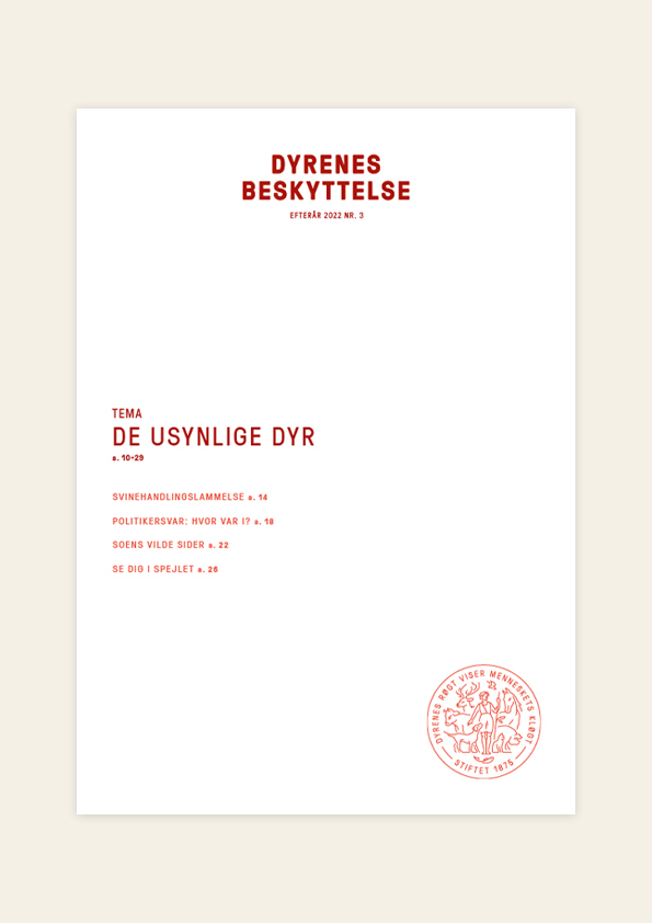 De usynlige dyr er på forsiden. De over 200 millioner landbrugsdyr, som ingen ser, og kun de færreste tænker på, selv om de lægger liv til vores mad hver eneste dag Hvid forside med tekst: Tema om de usynlige dyr. Dyrenes Beskyttelses medlemsmagasin nr. 3/2022