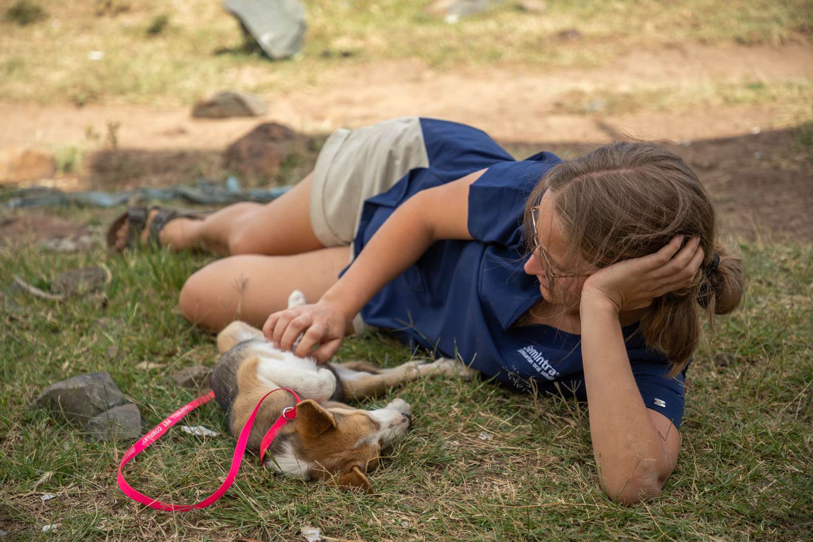 Der er heldigvis også plads til lidt hyggeligt samvær mellem nogle af hundene og de dyrlægestuderende. Foto: Asger Thielsen / Dyrenes Beskyttelse. Dyrlæge nusser hund i græsset