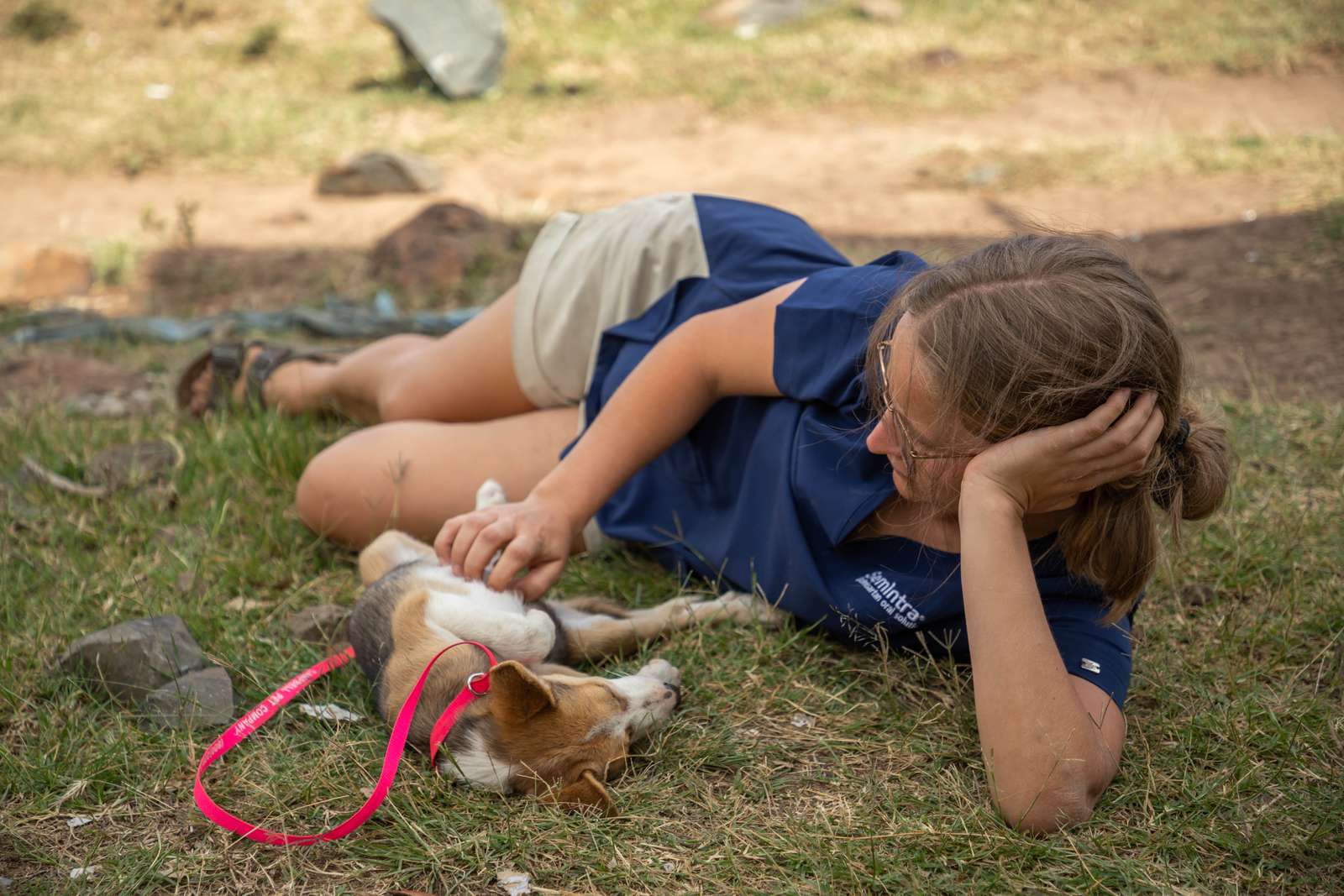 Dyrlæge nusser hund i græsset