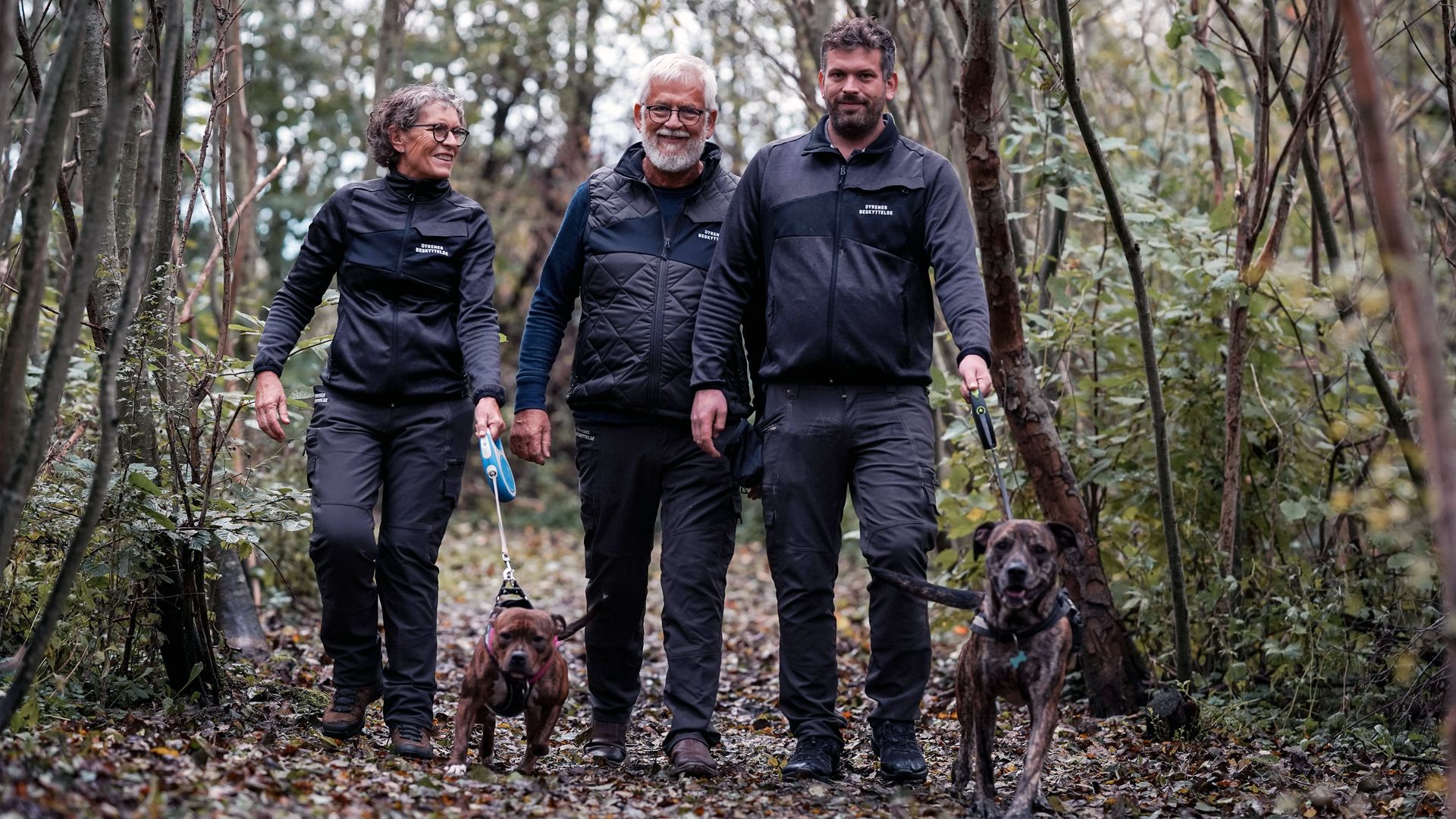 Foto: Cathrine Cocks Brian Karlsen er sammen med sine forældre, Bent og Birgit Karlsen, ude at lufte to hunde i efterårsskov