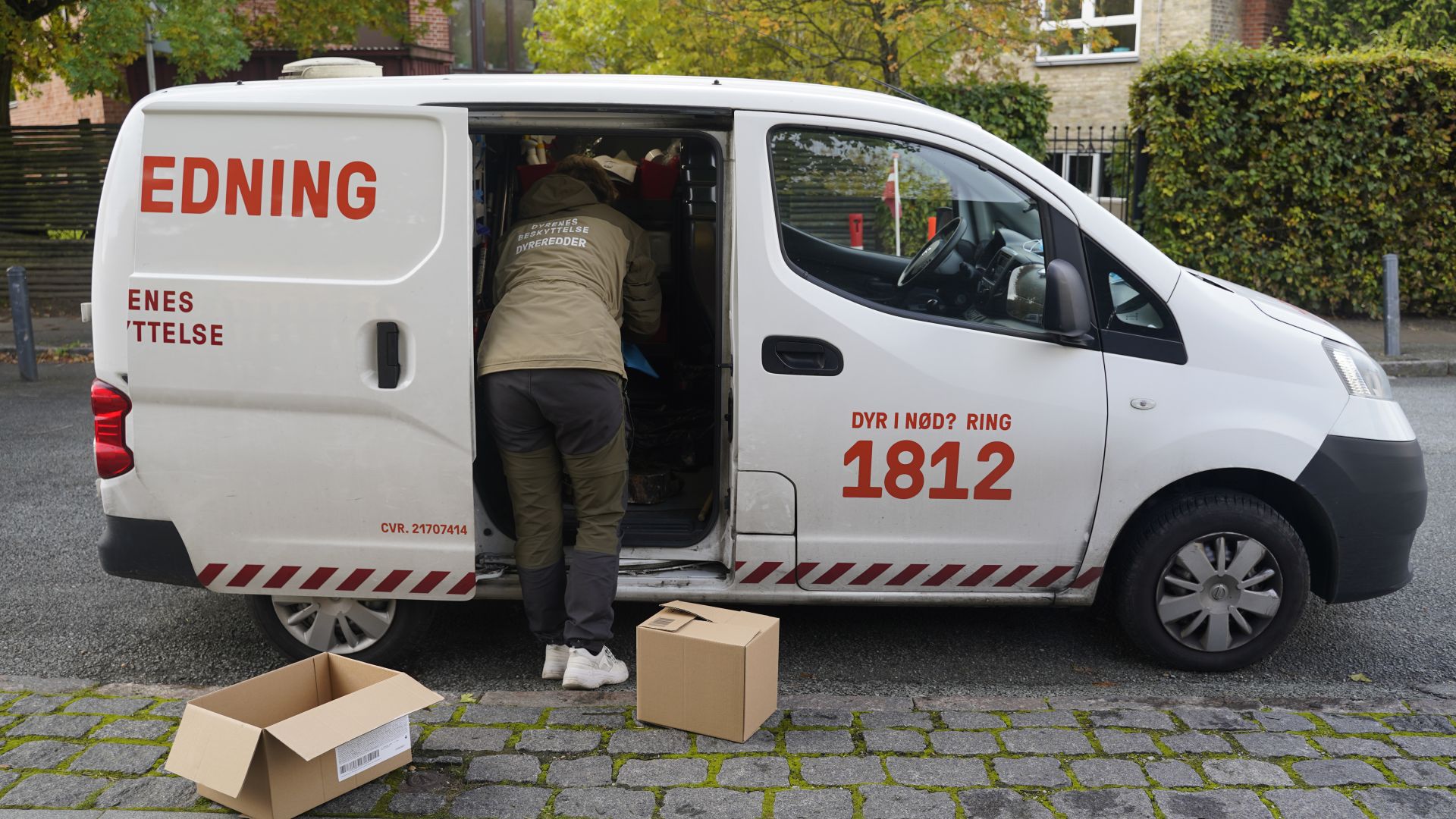 kvinde står halvt inde i sidedøren på en dyreambulance