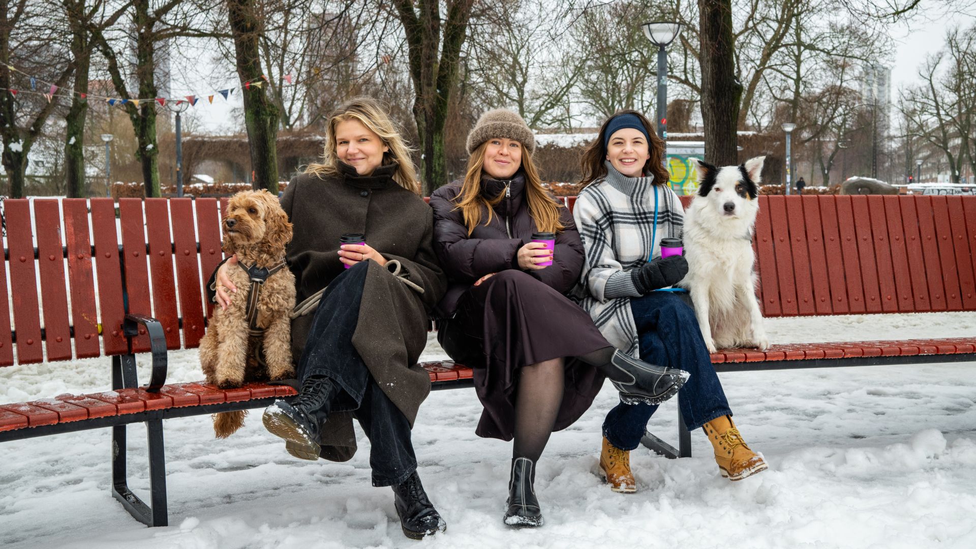 Tre unge kvinder sidder på en bænk i snevejr. Ved siden af sig har de to hunde, som også sidder på bænken. 