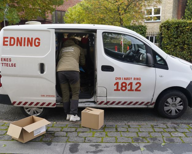 kvinde står halvt inde i sidedøren på en dyreambulance