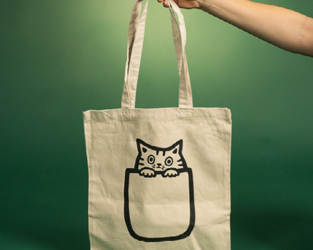 Mulepose fra Dyrenes Beskyttelse med en illustration af en kat