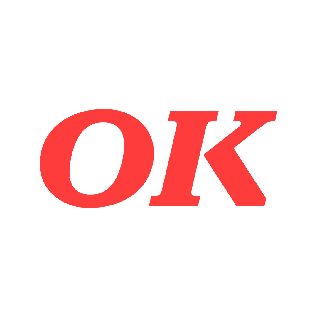 OK logo på hvid baggrund med rød skrift