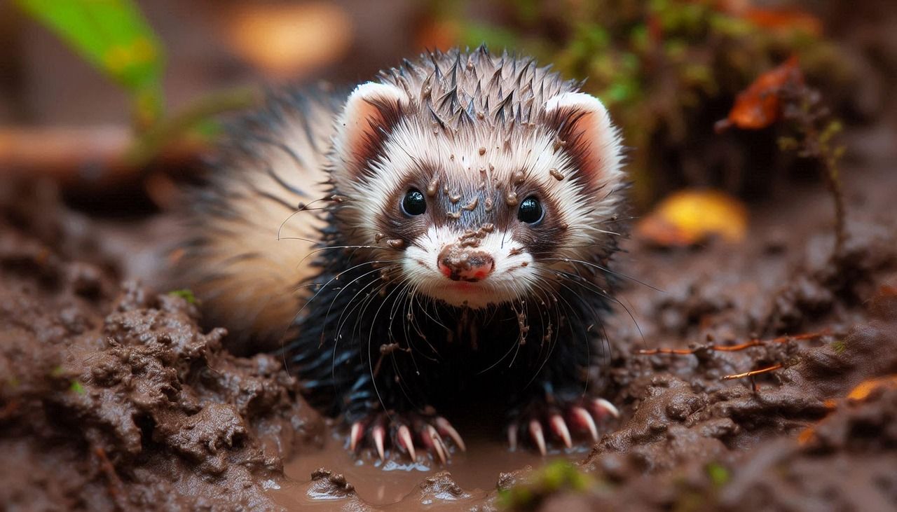 ilder sidder i mudder og kigger ind i kamera