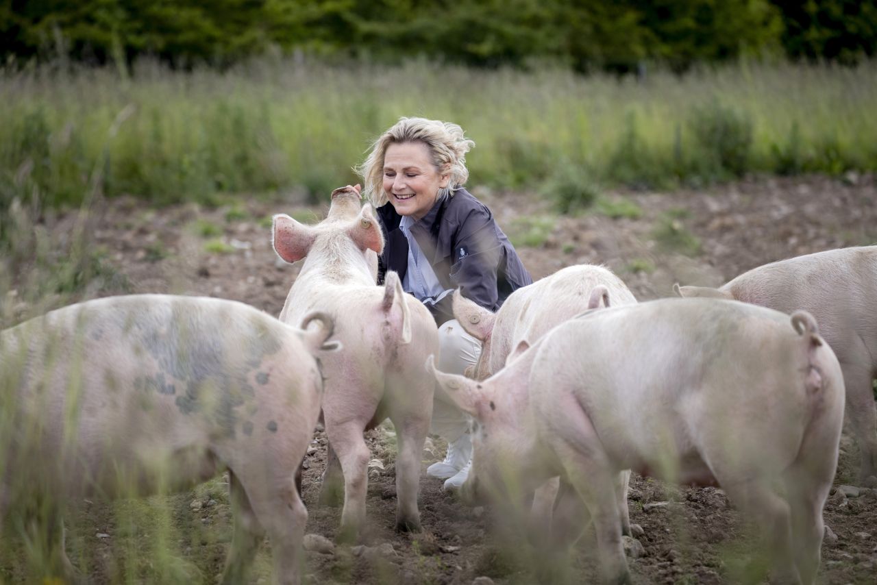 Direktør i Dyrenes Beskyttelse, Britta Riis. Foto: Dyrenes Beskyttelse kvinde sidder på mark blandt grise
