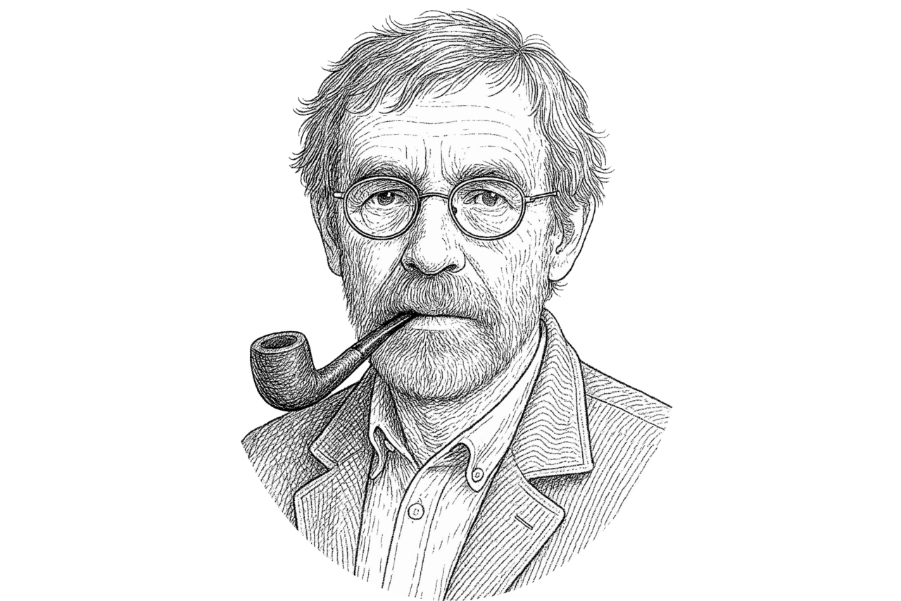 AI-generet stregtegning af Søren Ryge med pibe i munden