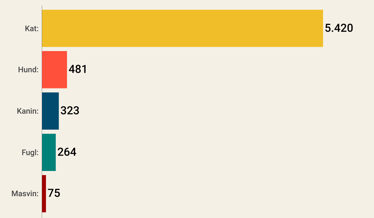 Top 5: Antal formidlede dyr fordelt på dyretyper