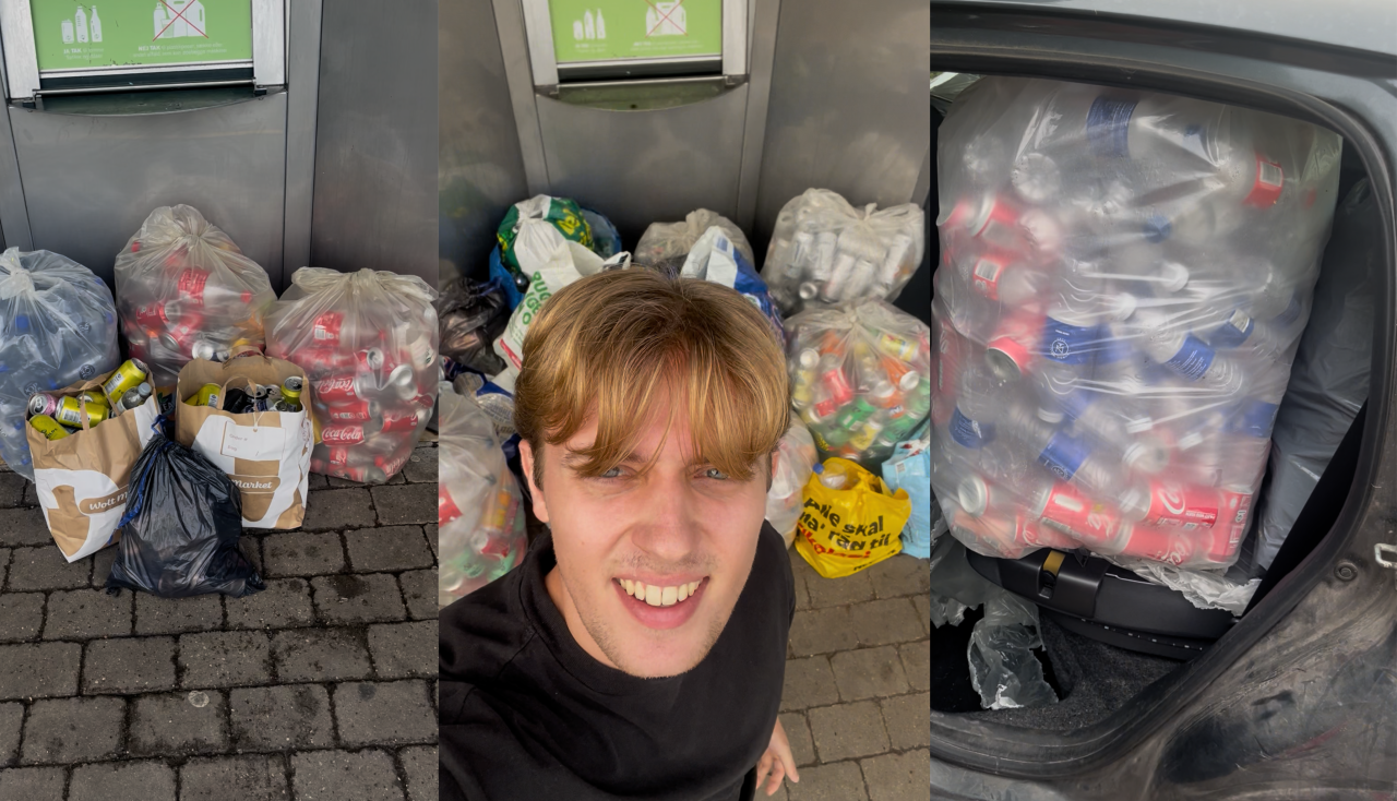 Tre billeder af store mængder indsamlede pantflasker i poser ved en pantstation og i en bil. Tobias ses på midterste billede.